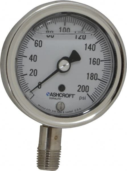 Ashcroft - 2-1/2" Dial, 1/4 Thread, 0-200 Scale Range, Pressure Gauge - Lower Connection Mount, Accurate to 1% of Scale - Caliber Tooling