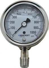 Ashcroft - 2-1/2" Dial, 1/4 Thread, 0-1,000 Scale Range, Pressure Gauge - Lower Connection Mount, Accurate to 1% of Scale - Caliber Tooling