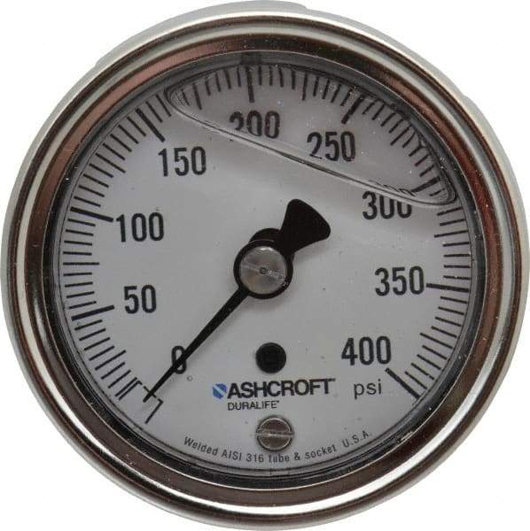 Ashcroft - 2-1/2" Dial, 1/4 Thread, 0-400 Scale Range, Pressure Gauge - Center Back Connection Mount, Accurate to 1% of Scale - Caliber Tooling