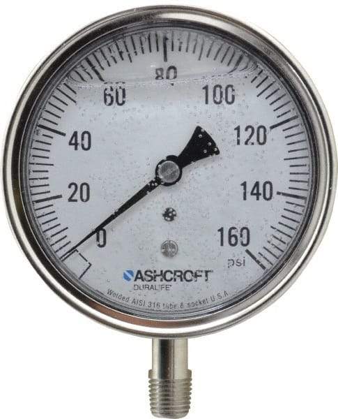 Ashcroft - 3-1/2" Dial, 1/4 Thread, 0-160 Scale Range, Pressure Gauge - Lower Connection Mount, Accurate to 1% of Scale - Caliber Tooling