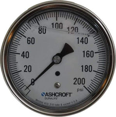 Ashcroft - 3-1/2" Dial, 1/4 Thread, 0-200 Scale Range, Pressure Gauge - Center Back Connection Mount, Accurate to 1% of Scale - Caliber Tooling