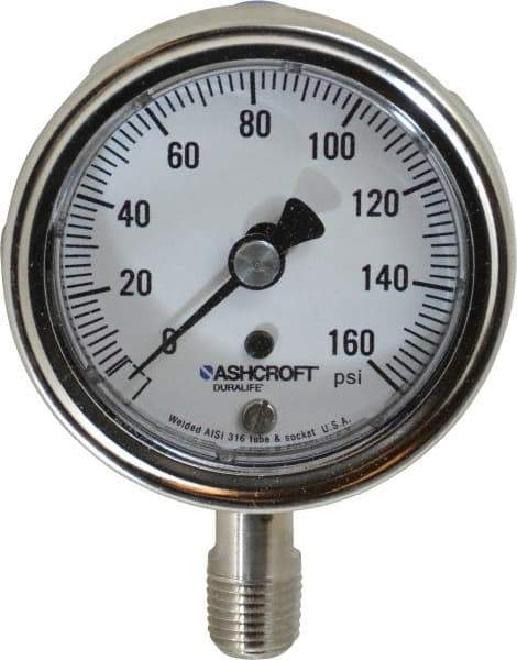 Ashcroft - 2-1/2" Dial, 1/4 Thread, 0-160 Scale Range, Pressure Gauge - Lower Connection Mount, Accurate to 1% of Scale - Caliber Tooling