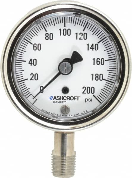 Ashcroft - 2-1/2" Dial, 1/4 Thread, 0-200 Scale Range, Pressure Gauge - Lower Connection Mount, Accurate to 1% of Scale - Caliber Tooling