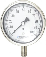 Ashcroft - 3-1/2" Dial, 1/4 Thread, 0-100 Scale Range, Pressure Gauge - Lower Connection Mount, Accurate to 1% of Scale - Caliber Tooling