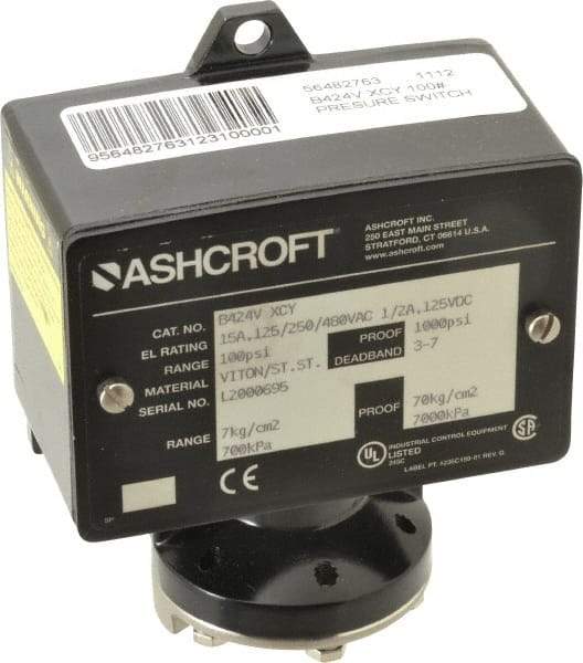 Ashcroft - 15 to 100 psi Adjustable Range, 1,000 Max psi, Watertight Single Setpoint - 1/4 Thread - Caliber Tooling