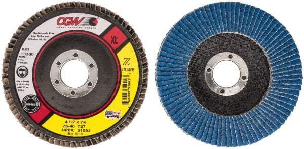 Camel Grinding Wheels - 40 Grit, 4-1/2" Disc Diam, 7/8" Center Hole, Type 27 Zirconia Alumina Flap Disc - 13,300 Max RPM, Polyester Backing, Arbor Attaching System, Coated - Caliber Tooling