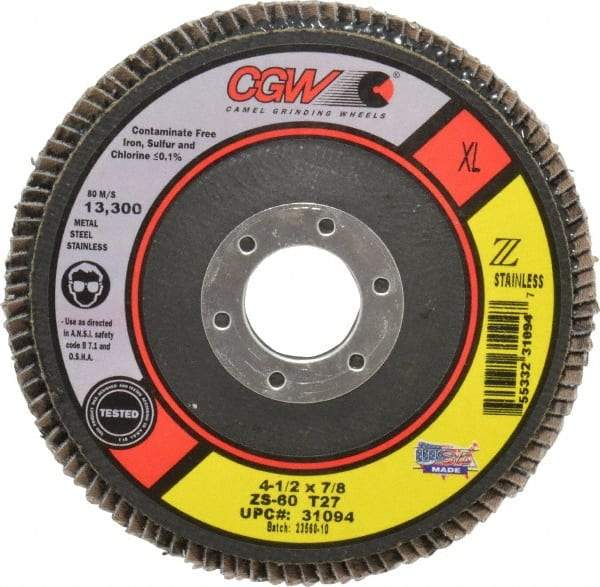 Camel Grinding Wheels - 60 Grit, 4-1/2" Disc Diam, 7/8" Center Hole, Type 27 Zirconia Alumina Flap Disc - 13,300 Max RPM, Polyester Backing, Arbor Attaching System, Coated - Caliber Tooling