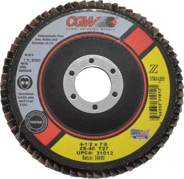 Camel Grinding Wheels - 40 Grit, 4-1/2" Disc Diam, 7/8" Center Hole, Type 27 Zirconia Alumina Flap Disc - 13,300 Max RPM, Polyester Backing, Arbor Attaching System, Coated - Caliber Tooling