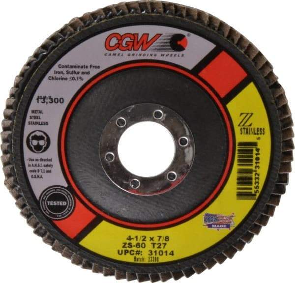 Camel Grinding Wheels - 60 Grit, 4-1/2" Disc Diam, 7/8" Center Hole, Type 27 Zirconia Alumina Flap Disc - 13,300 Max RPM, Polyester Backing, Arbor Attaching System, Coated - Caliber Tooling