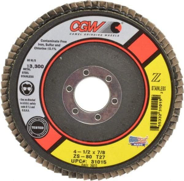 Camel Grinding Wheels - 80 Grit, 4-1/2" Disc Diam, 7/8" Center Hole, Type 27 Zirconia Alumina Flap Disc - 13,300 Max RPM, Polyester Backing, Arbor Attaching System, Coated - Caliber Tooling