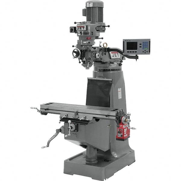 Jet - 9" Table Width x 42" Table Length, Step Pulley Control, 3 Phase Knee Milling Machine - R8 Spindle Taper, 2 hp - Caliber Tooling