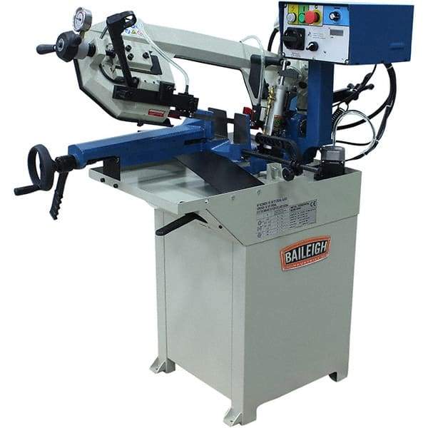 Baileigh - 8.26 x 6.69" Max Capacity, Manual Geared Head Horizontal Bandsaw - 66 to 280 SFPM Blade Speed, 110 Volts, 0 to 60°, 1 hp, 1 Phase - Caliber Tooling