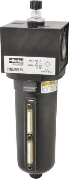 Parker - 1" NPT, 250 Max psi Heavy Duty Mist Lubricator - Metal Bowl with Sight Glass, Zinc Body, 250 CFM, 175°F Max Temp, 3.62" Wide x 11.81" High - Caliber Tooling