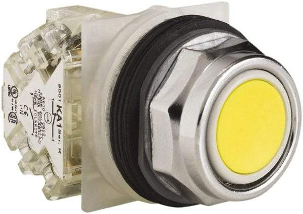 Schneider Electric - 30mm Mount Hole, Extended Straight, Pushbutton Switch with Contact Block - Yellow Pushbutton, Momentary (MO) - Caliber Tooling