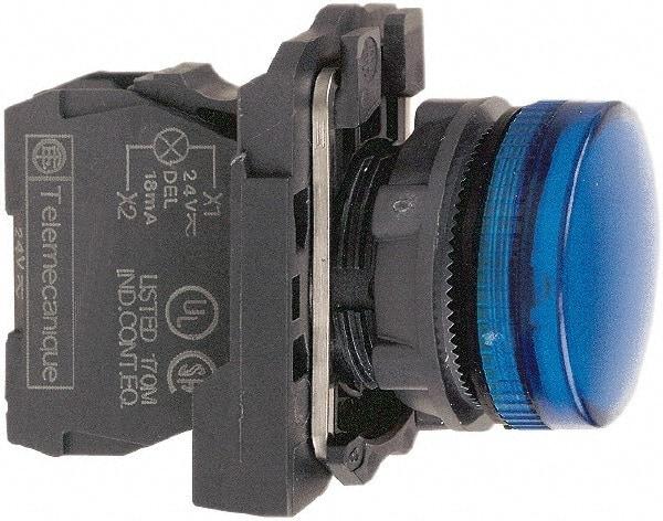 Schneider Electric - 110-120 VAC at 50/60 Hz Blue Lens LED Pilot Light - Round Lens, Screw Clamp Connector, 30mm Wide, Vibration Resistant, Water Resistant - Caliber Tooling