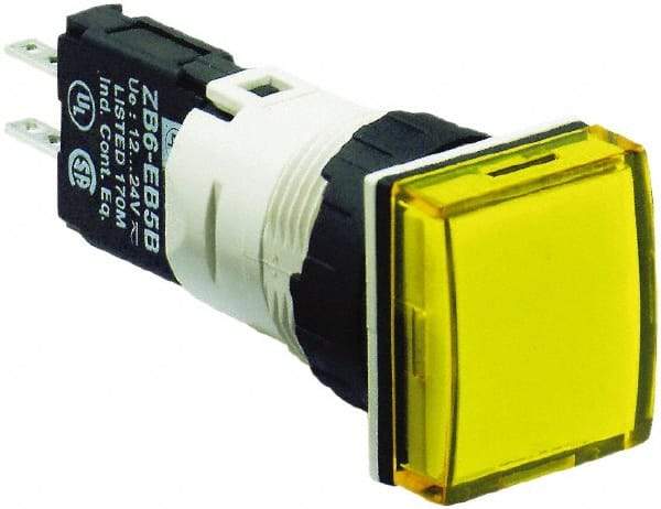 Schneider Electric - 12-24 VAC/VDC Yellow Lens LED Pilot Light - Square Lens, Quick Connect Connector, 18mm Wide, Vibration Resistant - Caliber Tooling