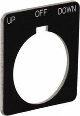 Schneider Electric - Square, Plastic Legend Plate - Up-Off-Down - Black Background, White Letters, 1.22 Inch Hole Diameter, 1-3/4 Inch Square - Caliber Tooling