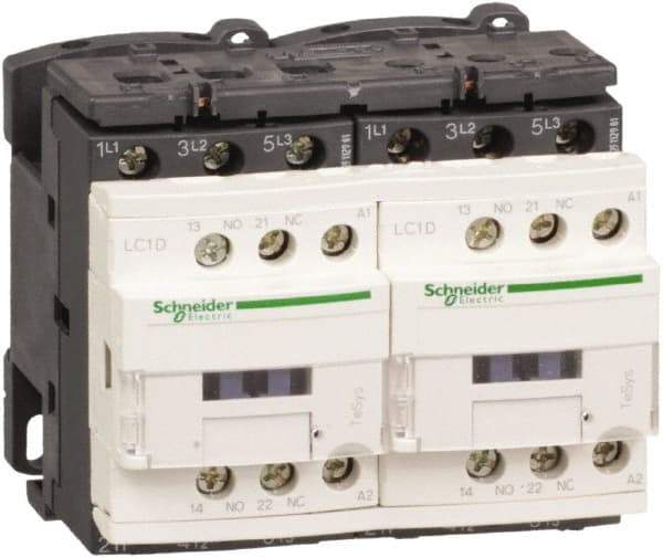 Schneider Electric - 3 Pole, 24 Coil VDC, 12 Amp at 440 VAC, Reversible IEC Contactor - 1 Phase hp: 1 at 115 VAC, 2 at 230/240 VAC, 3 Phase hp: 10 at 575/600 VAC, 3 at 200/208 VAC, 3 at 230/240 VAC, 7.5 at 460/480 VAC - Caliber Tooling