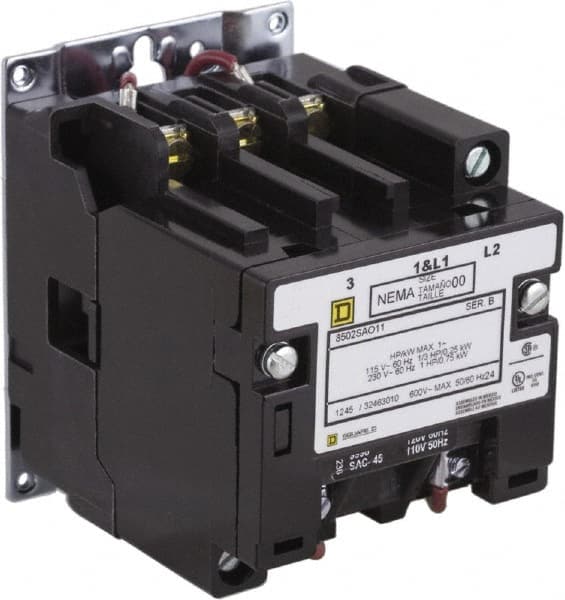 Square D - 2 Pole, 220 Coil VAC at 50 Hz, 240 Coil VAC at 60 Hz, 9 Amp NEMA Contactor - Open Enclosure, 50 Hz at 220 VAC and 60 Hz at 240 VAC - Caliber Tooling