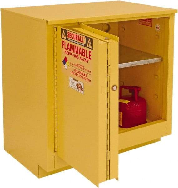 Securall Cabinets - 2 Door, 1 Shelf, Yellow Steel Under the Counter Safety Cabinet for Flammable and Combustible Liquids - 35-5/8" High x 35" Wide x 22" Deep, Sliding Door, 3 Point Key Lock, 24 Gal Capacity - Caliber Tooling