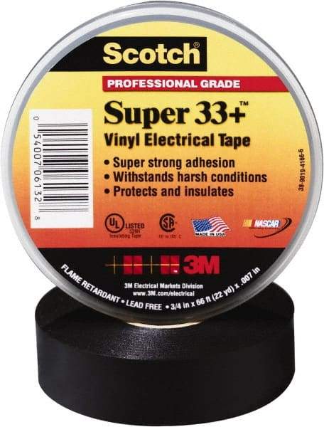 3M - 1-1/2" x 44', Black Vinyl Electrical Tape - Series 33, 7 mil Thick, Over 1000 V/mil Dielectric Strength, 17 Lb./Inch Tensile Strength - Caliber Tooling