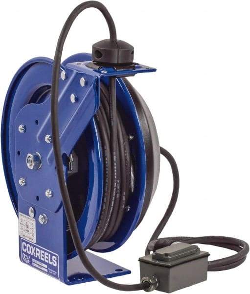 CoxReels - 12 AWG, 35' Cable Length, Cord & Cable Reel with Duplex GFCI Outlet Box End - 2 Outlets, NEMA 5-20R, 20 Amps, 115 Volts, SJO Cable, Blue Reel, Spring Driven Reel - Caliber Tooling