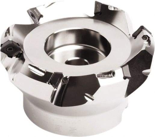 Seco - 42mm Cut Diam, 15mm Arbor Hole, 4.5mm Max Depth of Cut, 45° Indexable Chamfer & Angle Face Mill - 4 Inserts, SE.. 09T3 Insert, Right Hand Cut, 4 Flutes, Through Coolant, Series QuattroMill - Caliber Tooling