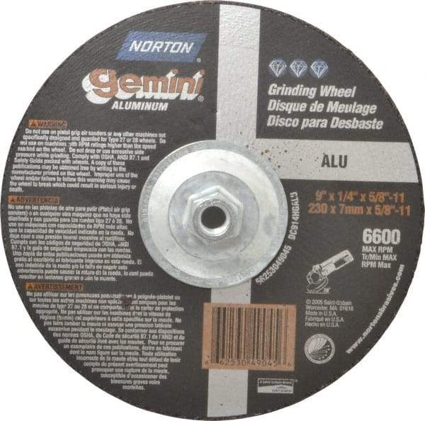 Norton - 24 Grit, 9" Wheel Diam, 1/4" Wheel Thickness, Type 27 Depressed Center Wheel - Aluminum Oxide, 6,600 Max RPM, Compatible with Angle Grinder - Caliber Tooling