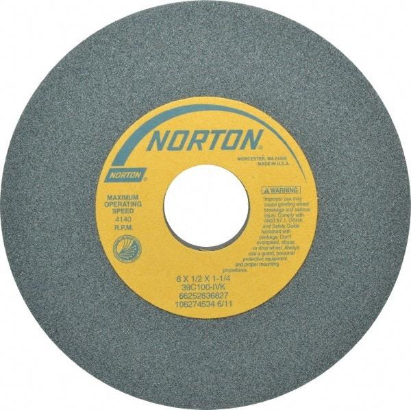 Norton - 6" Diam x 1-1/4" Hole x 1/2" Thick, I Hardness, 100 Grit Surface Grinding Wheel - Silicon Carbide, Type 1, Fine Grade, 4,140 Max RPM, Vitrified Bond, No Recess - Caliber Tooling