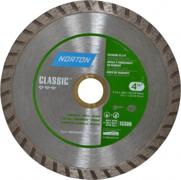 Norton - 4-1/2" Diam, 5/8 & 7/8" Arbor Hole Diam, Wet & Dry Cut Saw Blade - Diamond-Tipped, Standard Round Arbor - Caliber Tooling