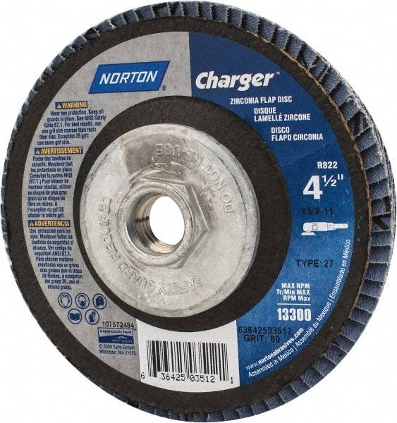 Norton - 60 Grit, 4-1/2" Disc Diam, 5/8-11 Center Hole, Type 27 Zirconia Alumina Flap Disc - 13,000 Max RPM, Fiberglass Backing, Arbor Attaching System, Coated - Caliber Tooling