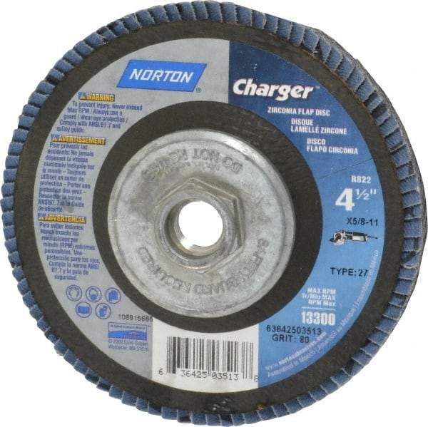 Norton - 60 Grit, 4-1/2" Disc Diam, 5/8-11 Center Hole, Type 27 Zirconia Alumina Flap Disc - 13,000 Max RPM, Fiberglass Backing, Arbor Attaching System, Coated - Caliber Tooling