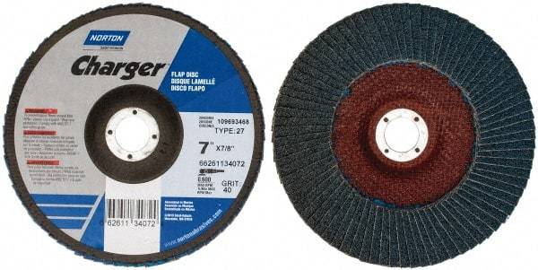 Norton - 40 Grit, 7" Disc Diam, 7/8" Center Hole, Type 27 Zirconia Alumina Flap Disc - 8,600 Max RPM, Fiberglass Backing, Coated - Caliber Tooling