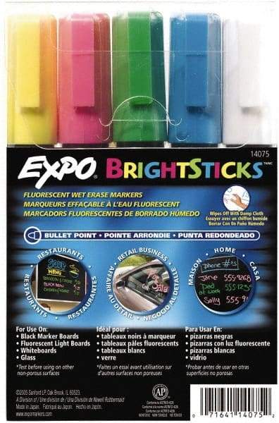 Expo - Blue, Green Pink, Yellow & White Bullet Point Wet Erase Markers - For Use with Black Marker Boards, Fluorescent Light Boards, Glass Boards & White Boards - Caliber Tooling