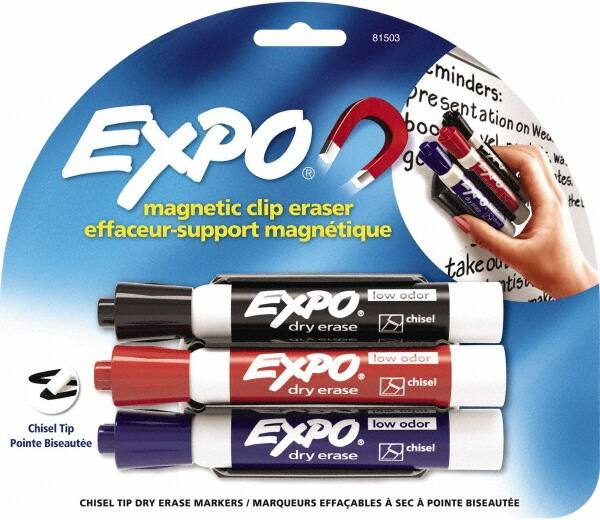 Expo - Chisel Tip 3 Pack with Dry Eraser - Includes Black, Red & Purple & Eraser, For Use with Dry Erase Marker Boards - Caliber Tooling