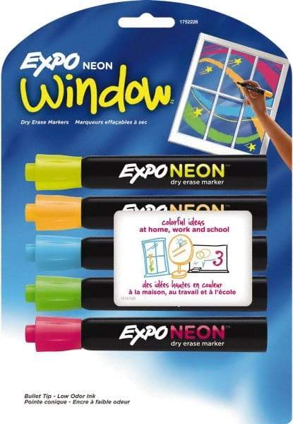 Expo - Blue, Green, Orange, Pink & Yellow Bullet Tip Neon 5 Pack Dry Erase Markers - For Use with Dry Erase Marker Boards - Caliber Tooling