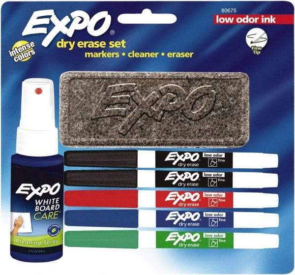 Expo - Red, Blue, Green & 2 Black Low Odor Fine Tip 5 Pack Dry Erase Markers - Includes 3 oz Cleaning Fluid & Eraser, For Use with Dry Erase Marker Boards - Caliber Tooling