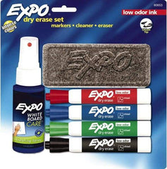 Expo - Red, Blue, Green & Black Low Odor 4 Pack Chisel Tip Dry Erase Markers - Includes Eraser & 3 oz Cleaning Fluid, For Use with Dry Erase Marker Boards - Caliber Tooling