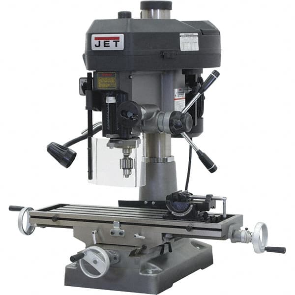 Jet - 1 Phase, 15-7/8" Swing, Step Pulley Mill Drill Combination - 9-1/2" Table Length x 32-1/4" Table Width, 20-1/2" Longitudinal Travel, 7" Cross Travel, 12 Spindle Speeds, 2 hp, 115/230 Volts - Caliber Tooling