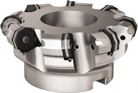 Seco - 8 Inserts, 5.311" Cutter Diam, 0.0787" Max Depth of Cut, Indexable High-Feed Face Mill - 1.5748" Arbor Hole Diam, 0.6457" Keyway Width, 2.4803" High, R220.21 Toolholder, ON.. 09.. Inserts - Caliber Tooling