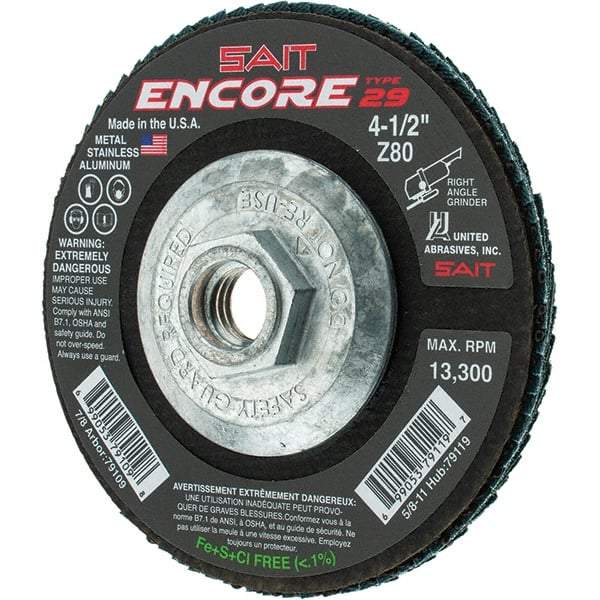 Sait - 80 Grit, 4-1/2" Disc Diam, 5/8-11 Center Hole, Type 29 Zirconia Alumina Flap Disc - 13,300 Max RPM, Fiberglass Backing, Arbor Attaching System, Coated - Caliber Tooling