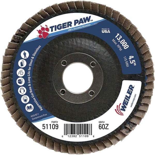 Weiler - 60 Grit, 4-1/2" Disc Diam, 7/8" Center Hole, Type 27 Zirconia Alumina Flap Disc - 13,000 Max RPM, Phenolic Backing, Arbor Attaching System, Coated - Caliber Tooling