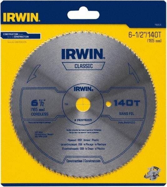 Irwin - 6-1/2" Diam, 5/8" Arbor Hole Diam, 140 Tooth Wet & Dry Cut Saw Blade - High Carbon Steel, Smooth Action, Standard Round Arbor - Caliber Tooling