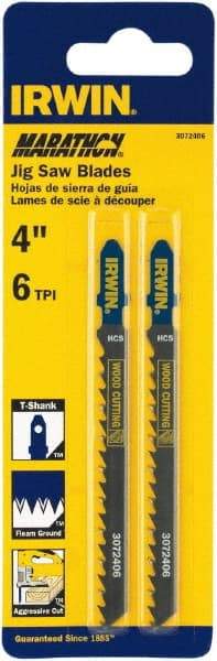 Irwin Blades - 4" Long x 0.049" Thick x 0.283" Wide, 6 Teeth per Inch, Carbon Steel Jig Saw Blade - Toothed Edge, T-Shank, Fleam Ground Tooth Set - Caliber Tooling