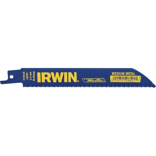 Irwin - 6" Long, Bi-Metal Reciprocating Saw Blade - Straight Profile, 18 TPI, Toothed Edge, Tang Shank - Caliber Tooling