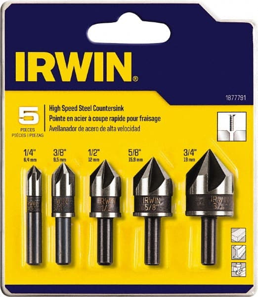 Irwin - 5 Piece, 1/4 to 3/4" Head Diam, 82° Included Angle, Single End Countersink Set - Caliber Tooling