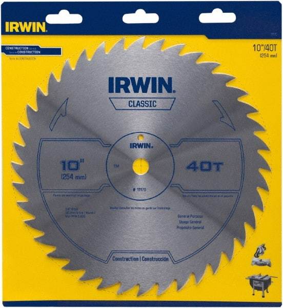 Irwin Blades - 10" Diam, 5/8" Arbor Hole Diam, 40 Tooth Wet & Dry Cut Saw Blade - High Carbon Steel, Smooth Action, Standard Round Arbor - Caliber Tooling