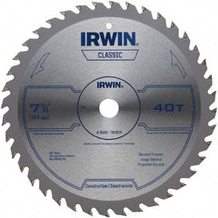 Irwin Blades - 7-1/4" Diam, 5/8" Arbor Hole Diam, 40 Tooth Wet & Dry Cut Saw Blade - Carbide-Tipped, Smooth Action, Diamond Arbor - Caliber Tooling