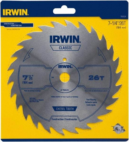 Irwin Blades - 7-1/4" Diam, 5/8" Arbor Hole Diam, 26 Tooth Wet & Dry Cut Saw Blade - High Carbon Steel, Smooth Action, Diamond Arbor - Caliber Tooling