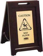 Rubbermaid - Attention/, Caution/, Cuidado/, Wet Floor, 15-1/8" Wide x 22" High, Wood Floor Sign - English/French/Spanish, A-Frame, Black on Gold, For Accident Prevention - Caliber Tooling